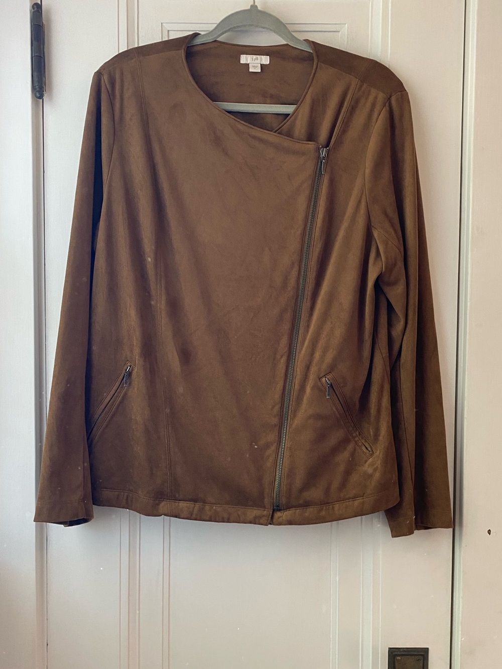 J Jill faux suede caramel tan asymmetric zip jacket L